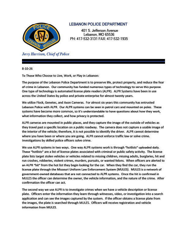 Lebanon Police Launches Transparency Page for Flock Camera Program, Proposed Ordinance Coming Before Council — Lebanon Now